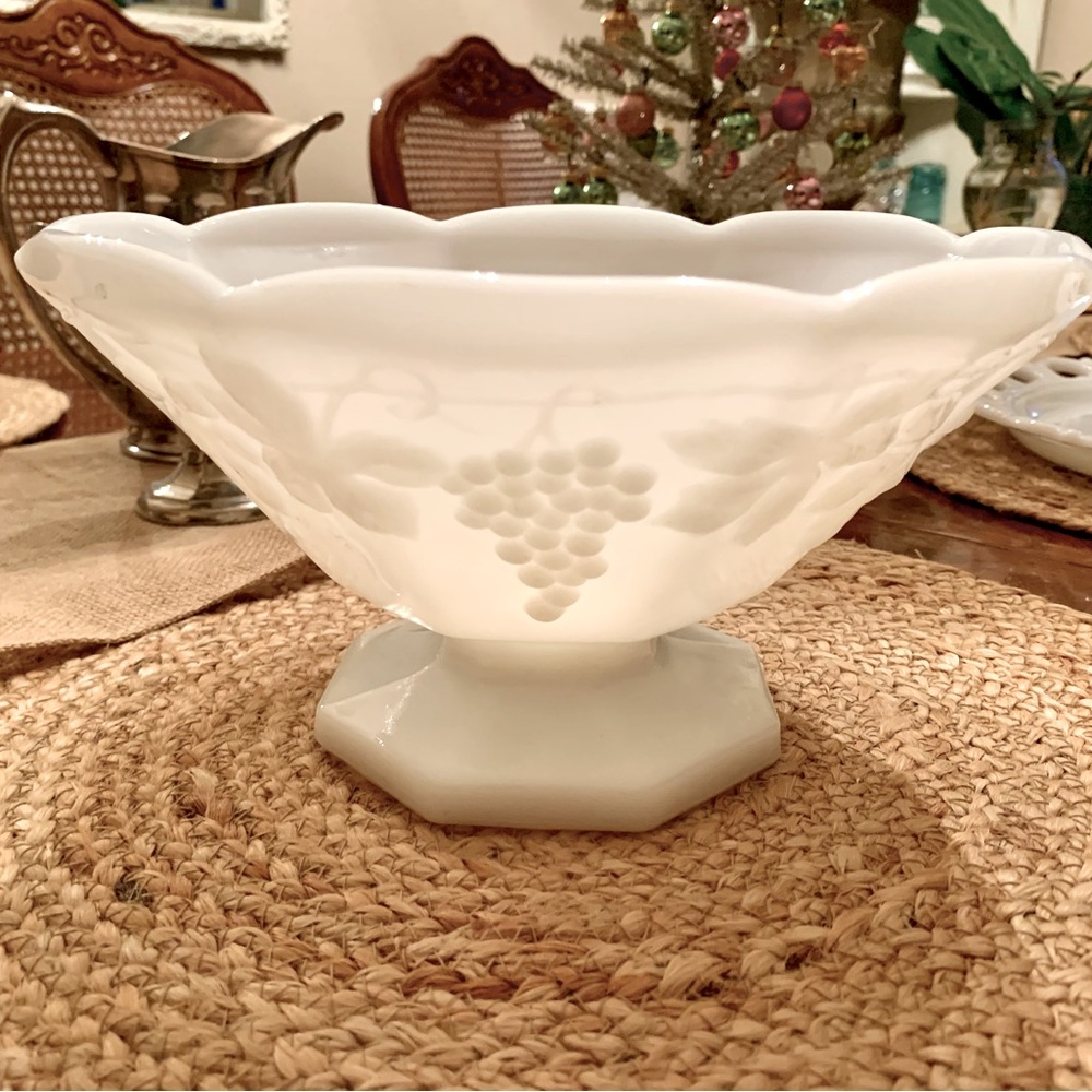 Vintage Anchor Hocking White Milk Glass Pedestal Octagon Fruit Bowl